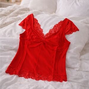 PinkMstyle Elegant Red Lace Trim Camisole